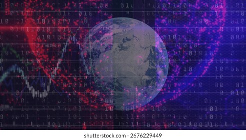 Rotating Earth globe showing data streams in tech grid, with binary code and red clusters. Technology, cybersecurity, data analysis, visualization, digital universe, innovation, network