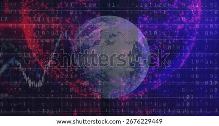 Rotating Earth globe showing data streams in tech grid, with binary code and red clusters. Technology, cybersecurity, data analysis, visualization, digital universe, innovation, network