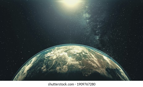 Rotating Earth Planet With Sun Light. White Halo Orbits About Bright Star In Space With Stars. Outer Cosmos, Solar System At Starry Dark Blue Sky. Worldwide Spacecraft Concept In 3d Animation