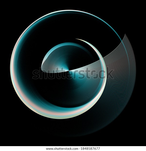 Rotating fan blade and\
turquoise spiral with a white stripe on a black background. Graphic\
design elements. 3d rendering. 3d illustration. Logo, icon, symbol,\
sign.