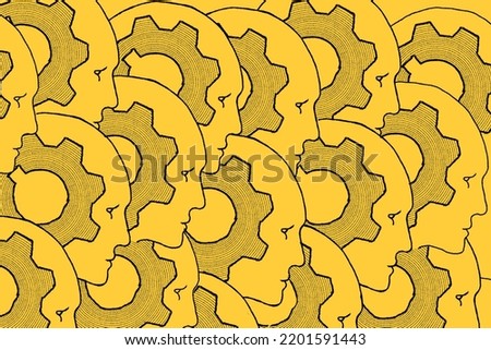 Rotating gears inside of the human heads. Illustration on yellow.Concept of idea. Teamwork. Artificial intelligence concept. Collective thinking.