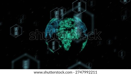 Rotating glowing wireframe globe outlining continents in virtual space, showing DNA hexagon badges. Earth, network, hexagonal, helix, neon, cyan, green