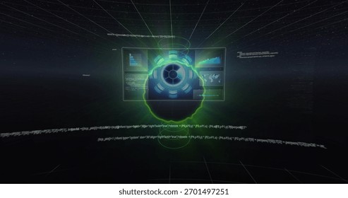 Rotating holographic interface hovering in virtual void, displaying circular core, data widgets. Cyberpunk, neon, cyan, grid, rings, dashboards, space