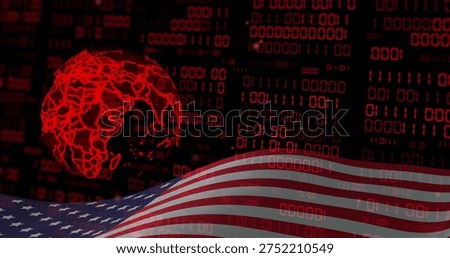 Rotating red wireframe globe at left, streaming binary columns over wavy American flag, copy space. Cyberspace, geopolitics, data, code, continents, neon, dashboards