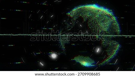 Rotating spherical RGB pointcloud globe pulsing on black void, showing waveform and readouts. Data, visualization, neon, glitch, telemetry, grid, particle
