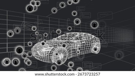 Rotating wireframe car model floating in virtual 3D grid, with user icons, chat bubbles, data lines. Futuristic, technology, innovation, digital, connectivity, data visualization, virtual environment