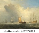 Rotterdam Ferry-Boat, by Joseph Mallord William Turner, 1833, British painting, oil on canvas. The small passenger ferry seems vulnerable against the waves, ships and clouds above the Port of Rotterd