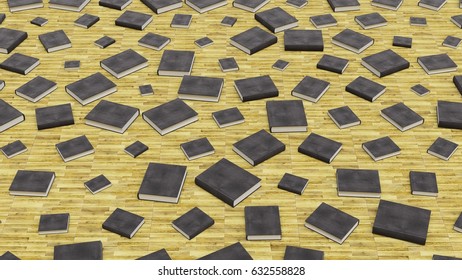 Rough black covered books of various sizes on a neat wooden floor. This image is a 3d render.