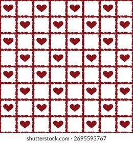 Rough grid pattern decorated with red hearts in a Valentine's Day theme.