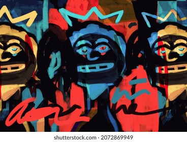 Rough Negative Line Color Of Three Prince And King Portrait. Scary Concept Painting, Mix-media Piece, 80s Hip Hop Graffiti. Artistic Gouache Painting With Strong Color. Painting For Wall Art