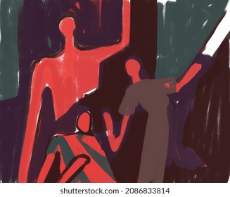 Rough people with strange group and faceless, modern art with fauvism art. freehand paint, vibrant color. Figurative outside art for book, cover and print
