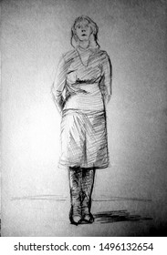 A rough sketch standing young woman in clothes and hands behind her back  Pencil drawing white paper 