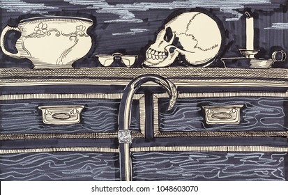 Rough Sketch for woodcut    Decline    From the series 'The Seven Ages Skull'  images based monologue from William Shakespeare's play 'As You Like It' 