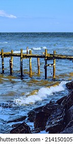 Rough Water And Storm Damaged Fishing Pier, Chesapeake Bay, Illustration 