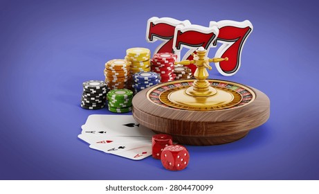 Roulette, dice, game cards and three sevens on green table cloth. 3D illustration.