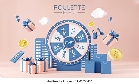 Roulette Event  3d Pink Fortune Spinning Wheel For Online Promotion Events. Concept Of Winning The Biggest Discount As Jackpot Prize.