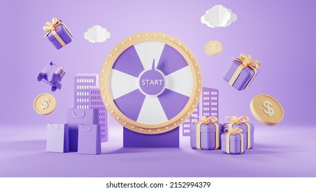 Roulette Event  3d purple fortune spinning wheel for online promotion events. Concept of winning the biggest discount as jackpot prize.