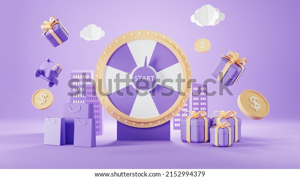Roulette Event  3d purple fortune spinning wheel\
for online promotion events. Concept of winning the biggest\
discount as jackpot\
prize.