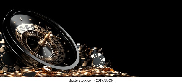Roulette Wheel, Casino Chips And Coins, Modern Black And Golden Isolated On The Black Background. Casino Gambling Concept. Empty Space For Logo Or Text  - 3D Illustration	
