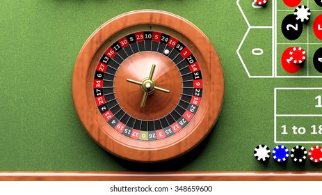 Roulette Wheel On Green Table, Poker Chips.From Above