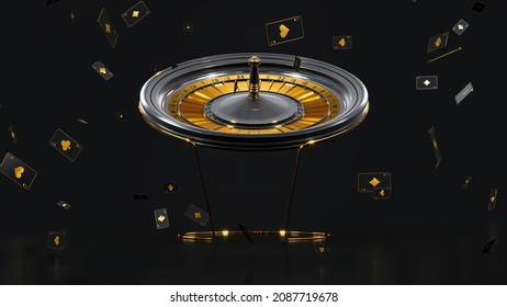 Roulette Wheel And Play Cards, Casino Modern Black And Golden Isolated On The Black Background. It's Raining Play Card Like Rain. Chance Of Good Luck In Gambling. 3d Rendering