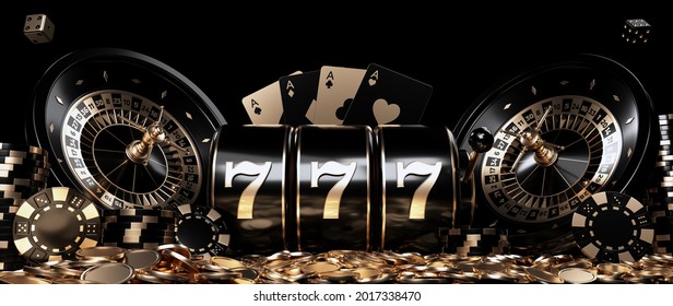 Roulette Wheels, Slot Machine, Four Aces, Casino Chips, Dices And Coins, Modern Black And Golden Isolated On The Black Background   - 3D Illustration	
