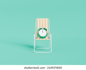 Round Alarm Clock Placed On Deckchair With White And Orange Straps On Green Background During Summer Vacation In Light Studio. 3d Rendering