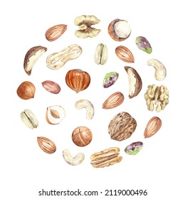 Round background with nuts. Raw pecan, walnut, almond, pistachio, peanut, macadamia, hazelnut and cashew. Hand drawn watercolor illustration of organic food for packaging, label, card.