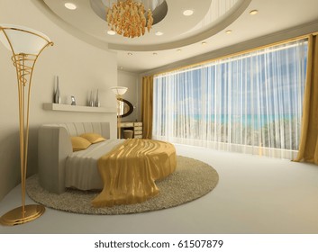 The round bed in a luxurious interior with a large window