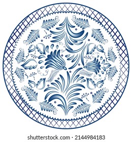 Round blue ornament in the style of national painting with cobalt on porcelain. Flowers and leaves in a circle. Rasterized version.