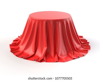 Round Box Covered With Red Fabric Isolated On White Background. Showroom Stand With Reveal A Hidden Object, Raise The Curtain Concept. 3D Realistic Illustration