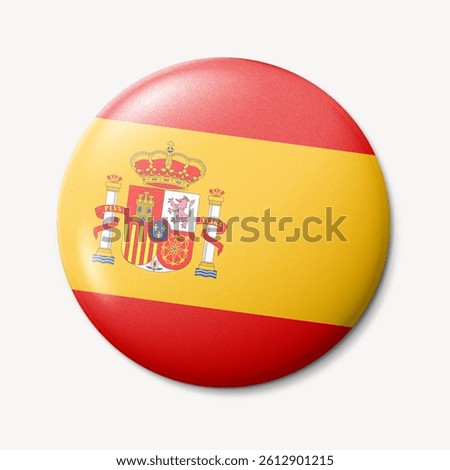 Round button featuring the Spanish flag with red and yellow stripes and a central coat of arms. Spanish flag button with vibrant colors and emblem. Spain flag badge. Flag pin.