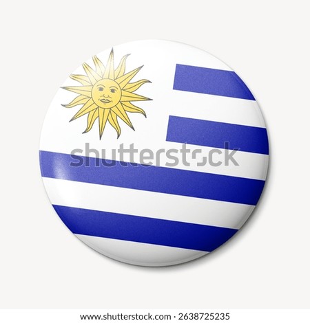Round button with Uruguay flag design. Features blue stripes and a sun. Uruguay flag button with sun and stripes. Symbol of Uruguay with blue and sun design. Flag pin.