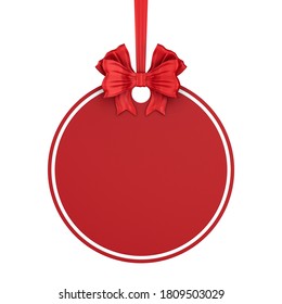 Round Christmas Label With Red Ribbon And Bow On White Background. Isolated 3D Illustration