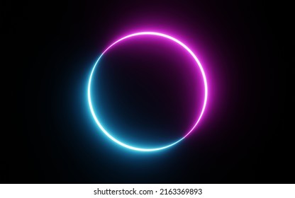 Round Circle Picture Frame With Two Tone Neon Color Shade Motion Graphic On Isolated Black Background. Blue And Pink Light Moving For Overlay Element. 3D Illustration Rendering. Empty Space In Middle