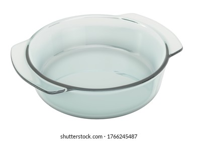 Round Clear Glass Baking Dish. 3D Rendering Isolated On White Background 