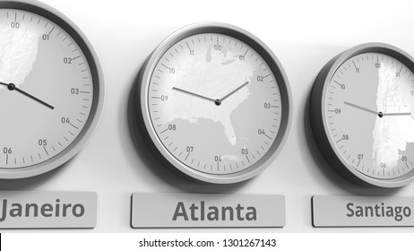 Round clock showing Atlanta, USA time within world time zones. Conceptual 3D rendering