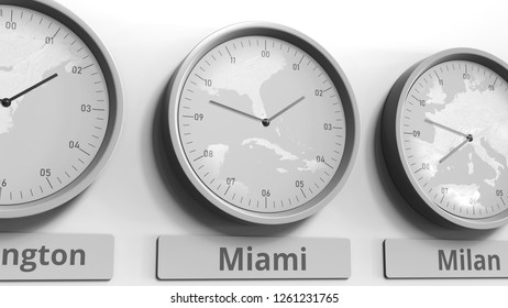 Round clock showing Miami, USA time within world time zones. Conceptual 3D rendering
