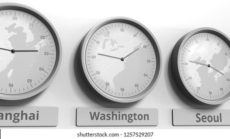 Round clock showing Washington, DC, USA time within world time zones. Conceptual 3D rendering