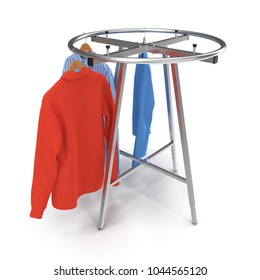 Round Clothing Rack With Shirts On White. 3D Illustration