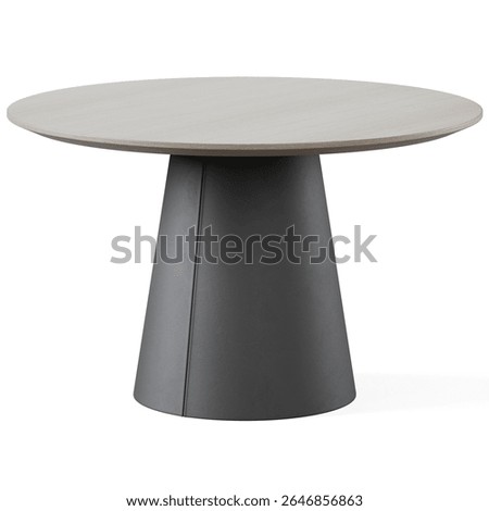 Round coffee table with light grey wooden top and dark grey tapered leather base. Smooth finish and minimalist silhouette for modern interiors. Isolated on white background. 3d render.