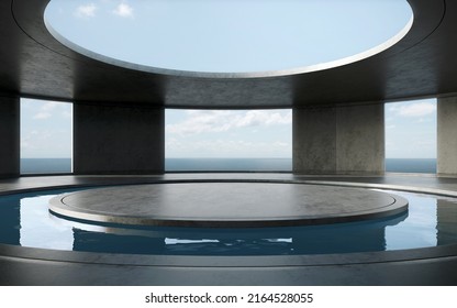 Round Concrete Podium Empty Floor With Pool. 3d Rendering Of Abstract Exterior Space With Sea And Blue Sky Background.