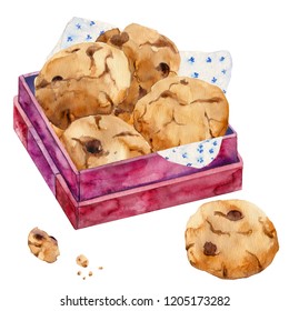 Round Cookies With Chocolate Chunks In Red Box. Watercolor Illustration Of Biscuits Isolated On White. Homemade Sweet Gift For Special Occasion, Bakery Menu.