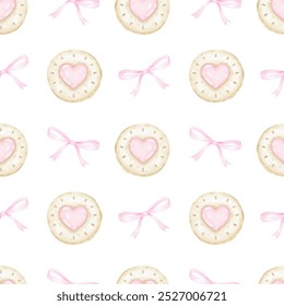 Round cookies with jam and bows. Watercolor seamless pattern on white background in pastel colors for textile and wrapping paper. Cute illustration for Valentine's Day - Powered by Shutterstock