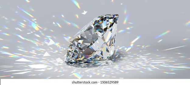 Round cut diamond on white background, with colorful caustics rays. 3D illustration