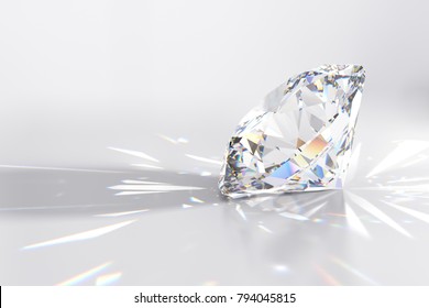 Round cut diamond on white glossy background, rear light, shadow, caustics rays. 3D rendering illustration