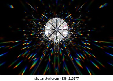 Round cut diamond in spotlight with colorful  caustics rays on black background. 3D illustration