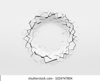 Round Dent On The White Wall, Front View With Copy Space. 3d Illustration.