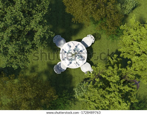 草木の間の森の中の草の上に 古典的な形の丸い食卓が立つ 屋外に風景に囲まれた 上から見た景色の美しい貴族の食卓 3dレンダリング のイラスト素材