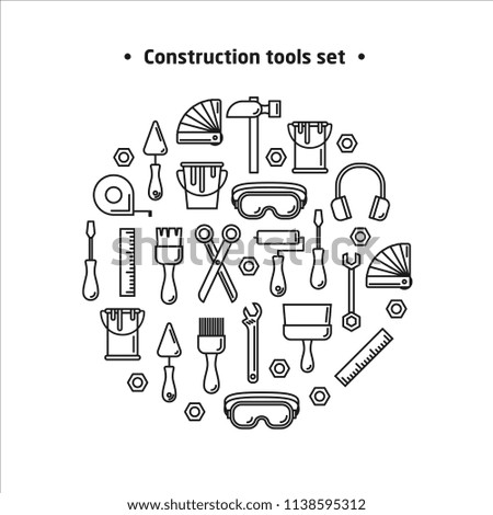 Round element of outline working tools for construction, building and home repair icons. Elements for design. Hand work tools collection.